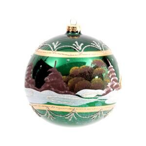 Vitbis Poland 6in Oversized Glass Ornament With Winter House Scene Green NEW